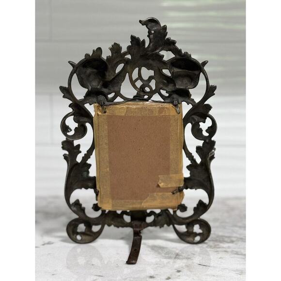 Antique Victorian Heavy Brass Art Nouveau Angels Cherubs Picture Frame Stand - Picture 5 of 8